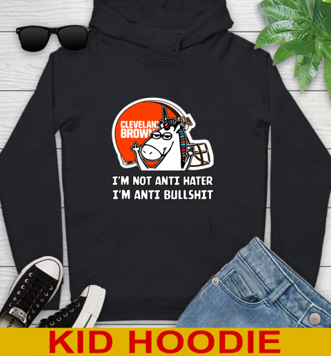 Cleveland Browns NFL Football Unicorn I'm Not Anti Hater I'm Anti Bullshit Youth Hoodie 2