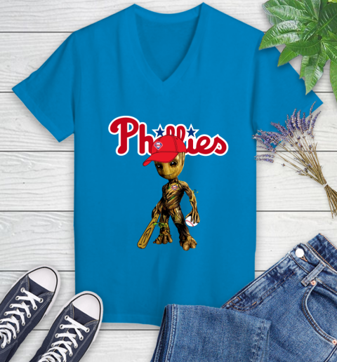 MLB Philadelphia Phillies Groot Guardians Of The Galaxy Baseball Women's V-Neck T-Shirt 7