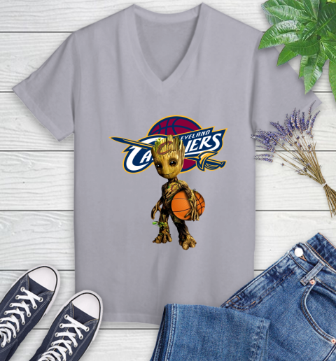 Cleveland Cavaliers NBA Basketball Groot Marvel Guardians Of The Galaxy Women's V-Neck T-Shirt 4