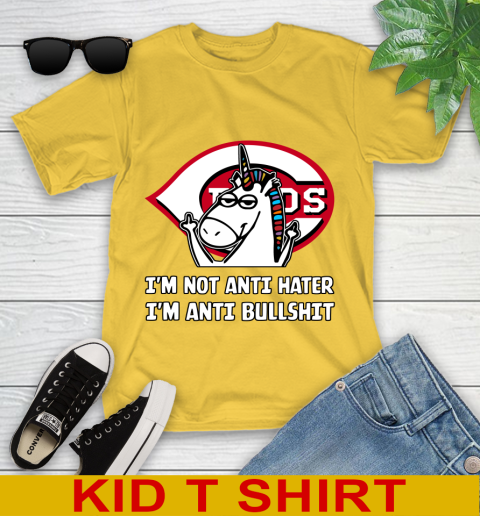 Cincinnati Reds MLB Baseball Unicorn I'm Not Anti Hater I'm Anti Bullshit Youth T-Shirt 8