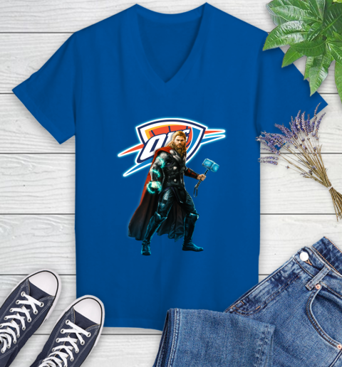 NBA Thor Avengers Endgame Basketball Oklahoma City Thunder Women's V-Neck T-Shirt 10