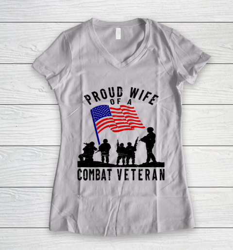 Veteran Shirt Proud Wife of a Combat Veteran Retro US Flag Military Family Women's V-Neck T-Shirt