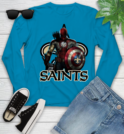 NFL Captain America Thor Spider Man Hawkeye Avengers Endgame Football New Orleans Saints Youth Long Sleeve 7