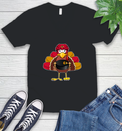 Chicago Blackhawks Turkey Thanksgiving Day V-Neck T-Shirt 2
