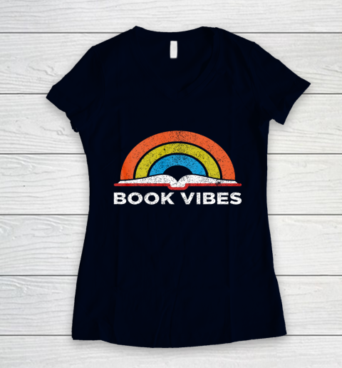 Reading Rainbow t shirt Vintage Retro Book Vibes Rainbow Gift for Reading Lovers Women's V-Neck T-Shirt 2