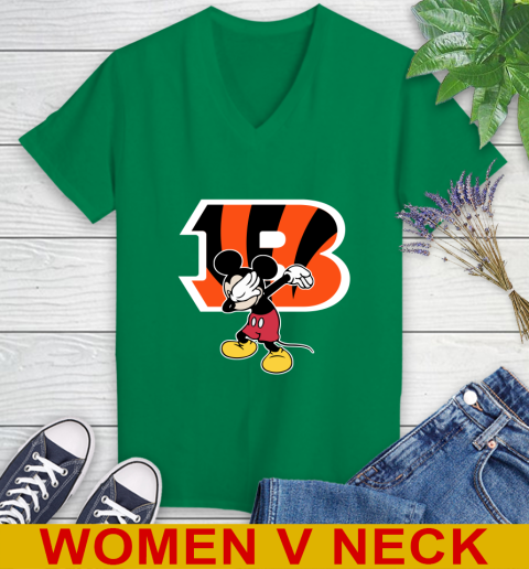 Cincinnati Bengals NFL Football Dabbing Mickey Disney Sports Women's V-Neck T-Shirt 6