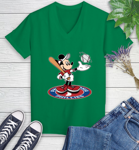 MLB Baseball Philadelphia Phillies Cheerful Mickey Disney Shirt Women's V-Neck T-Shirt 5