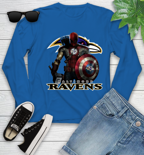 NFL Captain America Thor Spider Man Hawkeye Avengers Endgame Football Baltimore Ravens Youth Long Sleeve 9