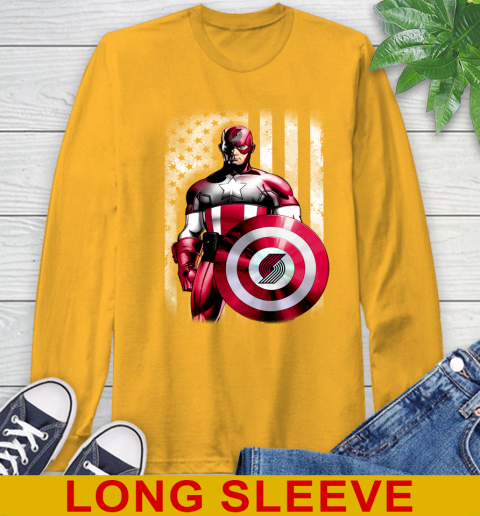 Portland Trail Blazers NBA Basketball Captain America Marvel Avengers American Flag Shirt Long Sleeve T-Shirt 2