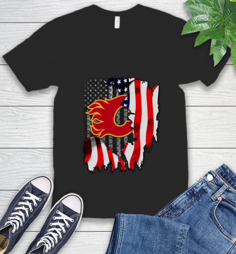 Calgary Flames NHL Hockey American Flag V-Neck T-Shirt