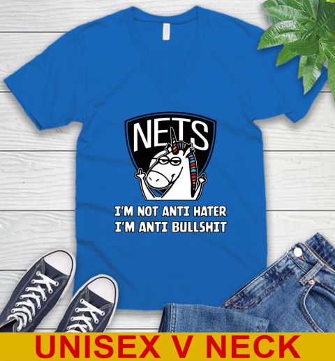 Brooklyn Nets NBA Basketball Unicorn I'm Not Anti Hater I'm Anti Bullshit V-Neck T-Shirt 6
