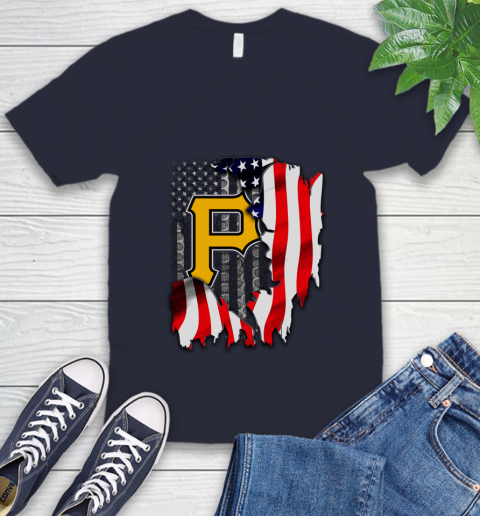 Pittsburgh Pirates MLB Baseball American Flag V-Neck T-Shirt 2