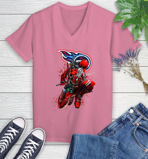 NFL Deadpool Marvel Comics Sports Football Tennessee Titans Women's V-Neck T-Shirt 13
