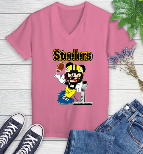 NFL Pittsburgh Steelers Mickey Mouse Disney Super Bowl Football T Shirt Women's V-Neck T-Shirt 13