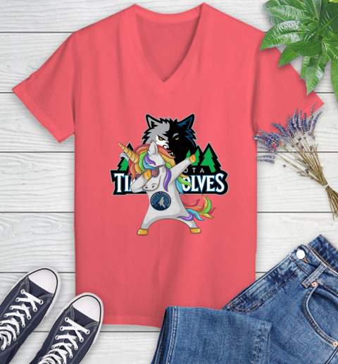 Minnesota Timberwolves NBA Basketball Funny Unicorn Dabbing Sports Women's V-Neck T-Shirt 6