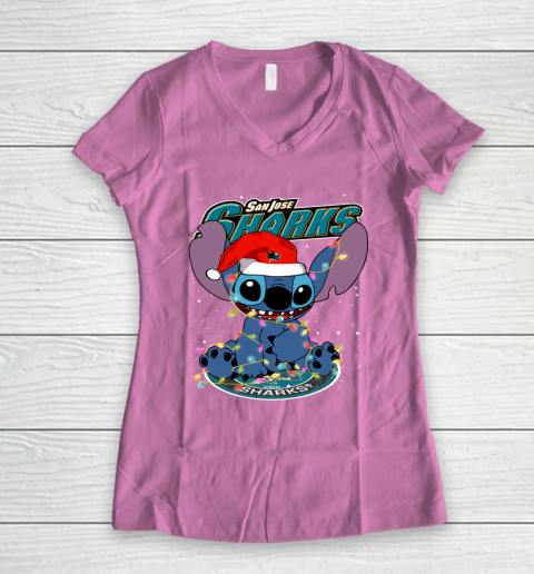 San Jose Sharks NHL Hockey noel stitch Christmas Women's V-Neck T-Shirt 8