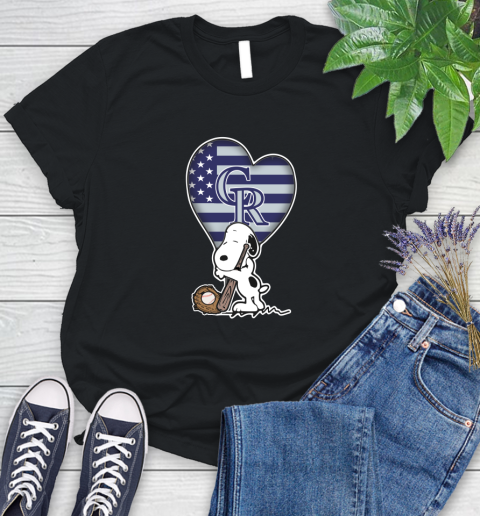 Colorado Rockies MLB Baseball The Peanuts Movie Adorable Snoopy Women's T-Shirt 2