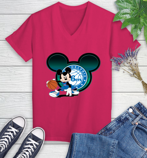 NBA Philadelphia 76ers Mickey Mouse Disney Basketball Women's V-Neck T-Shirt 9