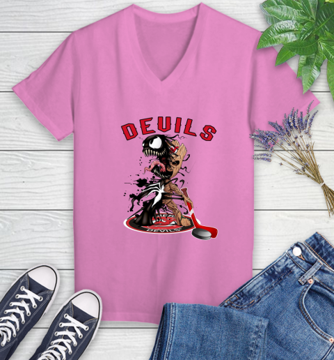 NHL New Jersey Devils Hockey Venom Groot Guardians Of The Galaxy Women's V-Neck T-Shirt 14