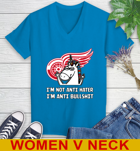 Detroit Red Wings NHL Hockey Unicorn I'm Not Anti Hater I'm Anti Bullshit Women's V-Neck T-Shirt 8