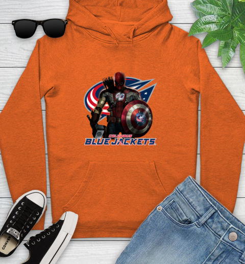 NHL Captain America Thor Spider Man Hawkeye Avengers Endgame Hockey Columbus Blue Jackets Youth Hoodie 5