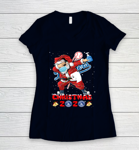 Los Angeles Dodgers Funny Santa Claus Dabbing Christmas 2020 MLB Women's V-Neck T-Shirt 2