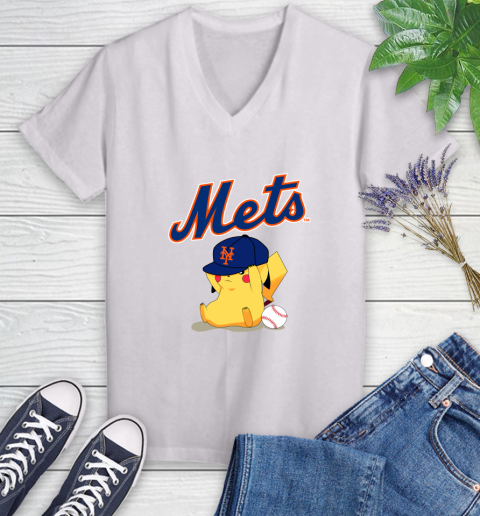 MLB Pikachu Baseball Sports New York Mets Women's V-Neck T-Shirt