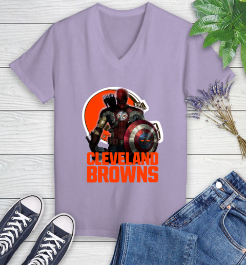 NFL Captain America Thor Spider Man Hawkeye Avengers Endgame Football Cleveland Browns Women's V-Neck T-Shirt 14
