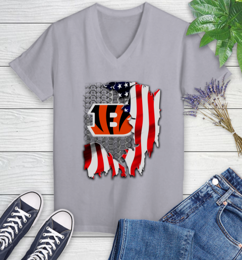 Cincinnati Bengals NFL Football American Flag Women's V-Neck T-Shirt 4