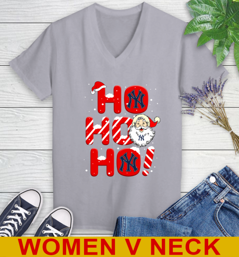 New York Yankees MLB Baseball Ho Ho Ho Santa Claus Merry Christmas Shirt Women's V-Neck T-Shirt 4