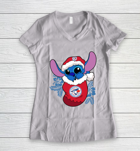 Toronto Blue Jays Christmas Stitch In The Sock Funny Disney MLB Women's V-Neck T-Shirt 2