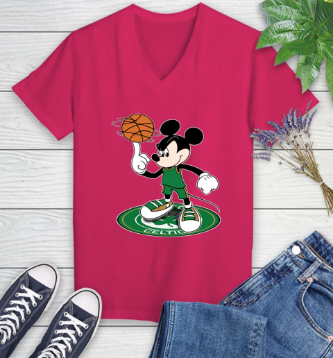 NBA Basketball Boston Celtics Cheerful Mickey Disney Shirt Women's V-Neck T-Shirt 8