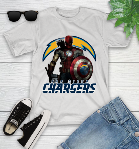 NFL Captain America Thor Spider Man Hawkeye Avengers Endgame Football San Diego Chargers Youth T-Shirt