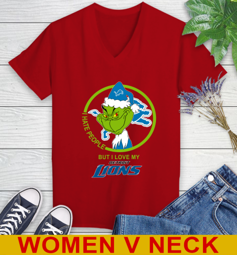 Detroit Lions NFL Christmas Grinch I Hate People But I Love My Favorite Football Team Women's V-Neck T-Shirt 12
