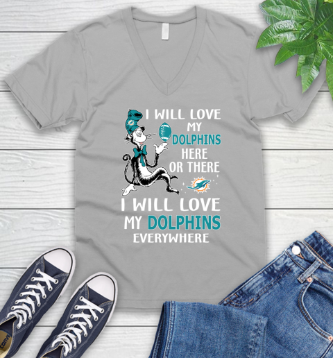 NFL Football Miami Dolphins I Will Love My Dolphins Everywhere Dr Seuss Shirt V-Neck T-Shirt 3