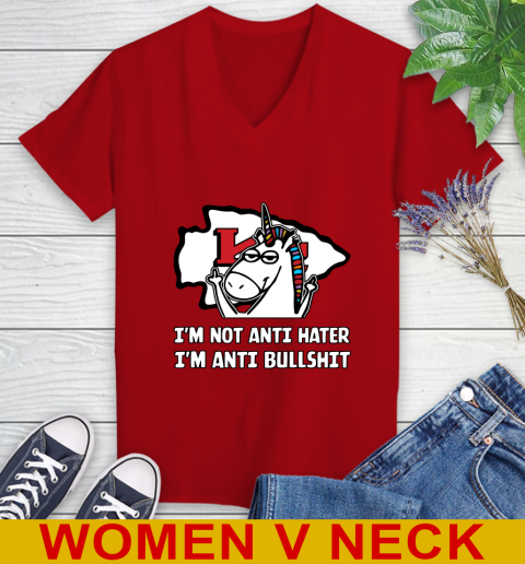 Kansas City Chiefs NFL Football Unicorn I'm Not Anti Hater I'm Anti Bullshit Women's V-Neck T-Shirt 12