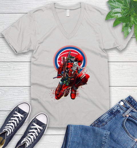 NBA Deadpool Marvel Comics Sports Basketball Detroit Pistons V-Neck T-Shirt