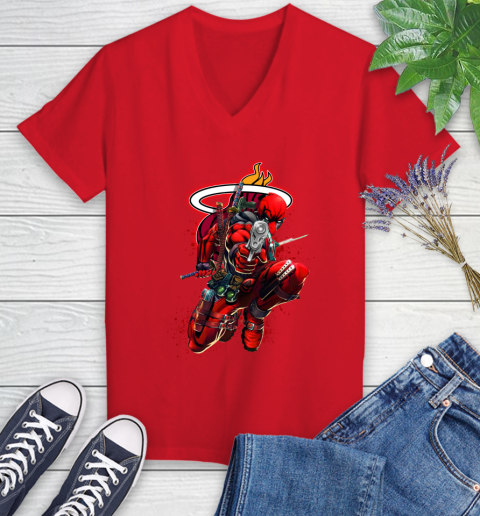 NBA Deadpool Marvel Comics Sports Basketball Miami Heat Women's V-Neck T-Shirt 12