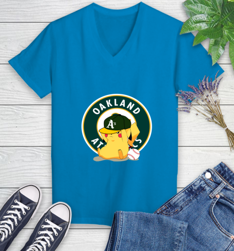 MLB Pikachu Baseball Sports Oakland Athletics Women's V-Neck T-Shirt 7
