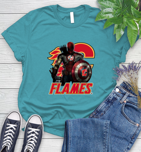 NHL Captain America Thor Spider Man Hawkeye Avengers Endgame Hockey Calgary Flames Women's T-Shirt 12