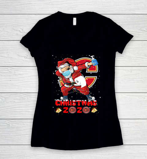 Calgary Flames Funny Santa Claus Dabbing Christmas 2020 NHL Women's V-Neck T-Shirt