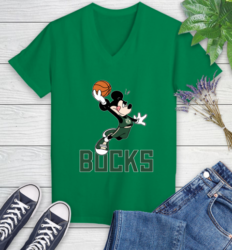 NBA Basketball Milwaukee Bucks Cheerful Mickey Mouse Shirt Women's V-Neck T-Shirt 5