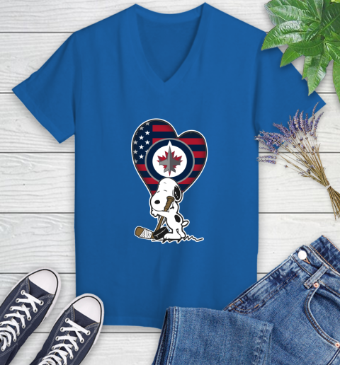 Winnipeg Jets NHL Hockey The Peanuts Movie Adorable Snoopy Women's V-Neck T-Shirt 10