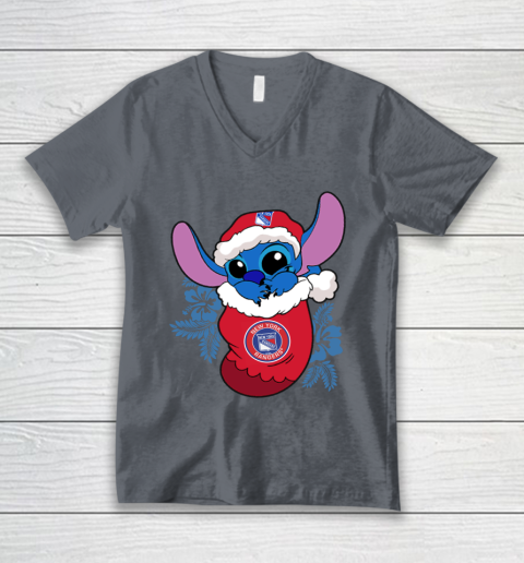 New York Rangers Christmas Stitch In The Sock Funny Disney NHL V-Neck T-Shirt 5