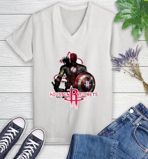 Houston Rockets NBA Basketball Captain America Thor Spider Man Hawkeye Avengers Women's V-Neck T-Shirt