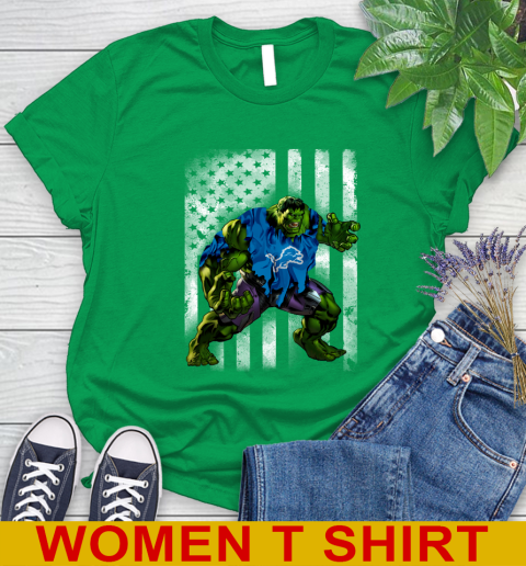 Detroit Lions Hulk Marvel Avengers NFL Football American Flag Women's T-Shirt 7