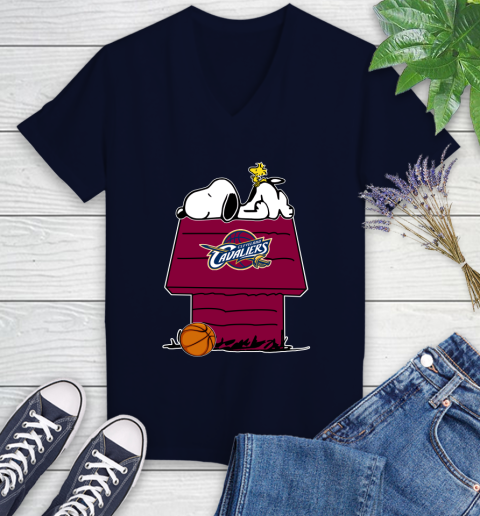 Cleveland Cavaliers NBA Basketball Snoopy Woodstock The Peanuts Movie Women's V-Neck T-Shirt 3