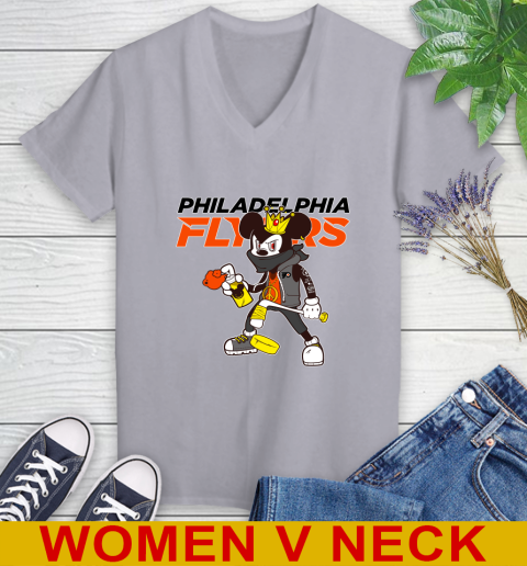 Philadelphia Flyers NHL Hockey Mickey Peace Sign Sports Women's V-Neck T-Shirt 5