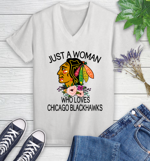 NHL Just A Woman Who Loves Chicago Blackhawks Hockey Sports Women's V-Neck T-Shirt