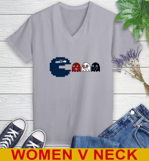 Seattle Seahawks NFL Football Pac Man Champion Women's V-Neck T-Shirt 5